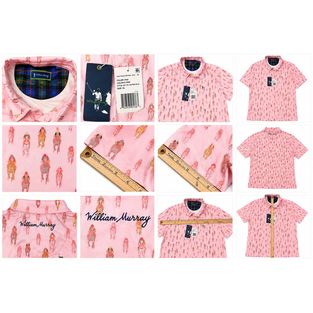 William Murray And They're Off Polo Shirt Pink Horse Racing Golf Men's XL NWT - Picture 2 of 14